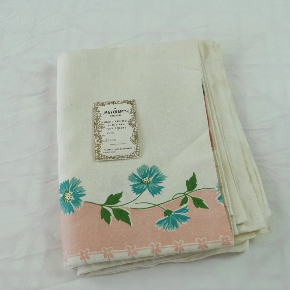 Vintage Maycraft Pure Linen Tablecloth Hand Printed Floral 65x85 Cottagecore